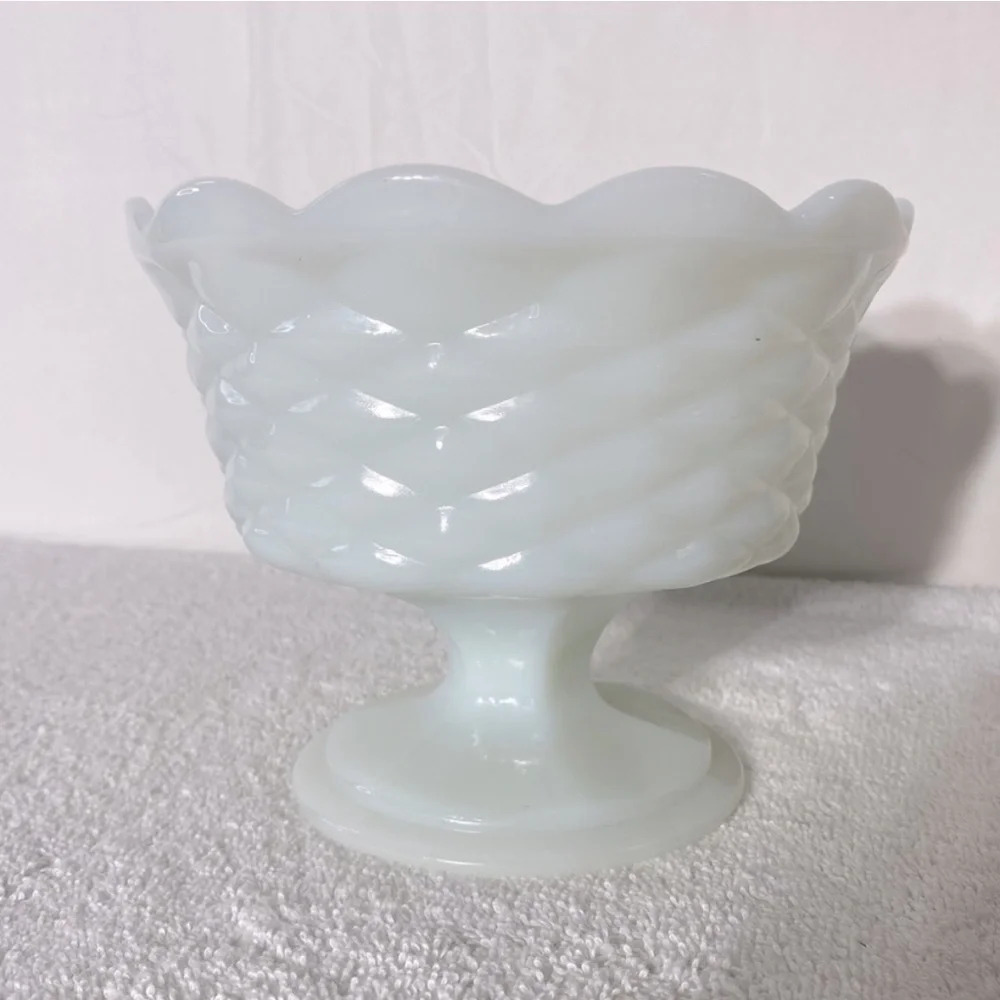 Vintage Indiana Quilted White Milk Glass Pedestal Bowl  Compote Candy Dish